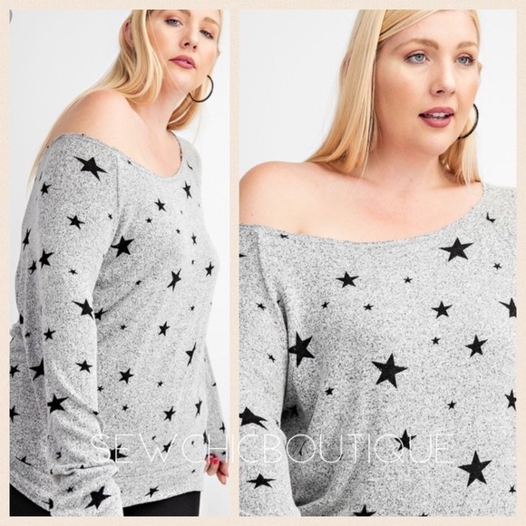 Plus Size Star Print Wide Neck Long Slv Top - Picture 1 of 6
